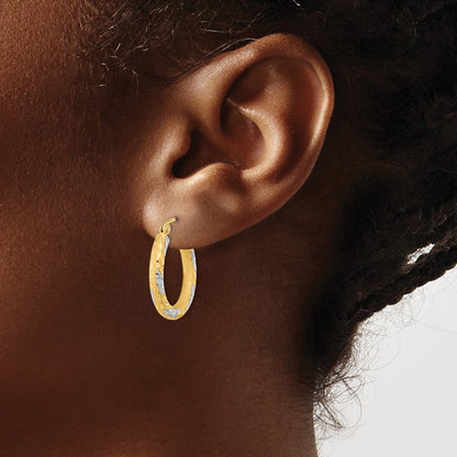 14k Yellow Gold White Rhodium Diamond-cut Satin Hoop Earrings