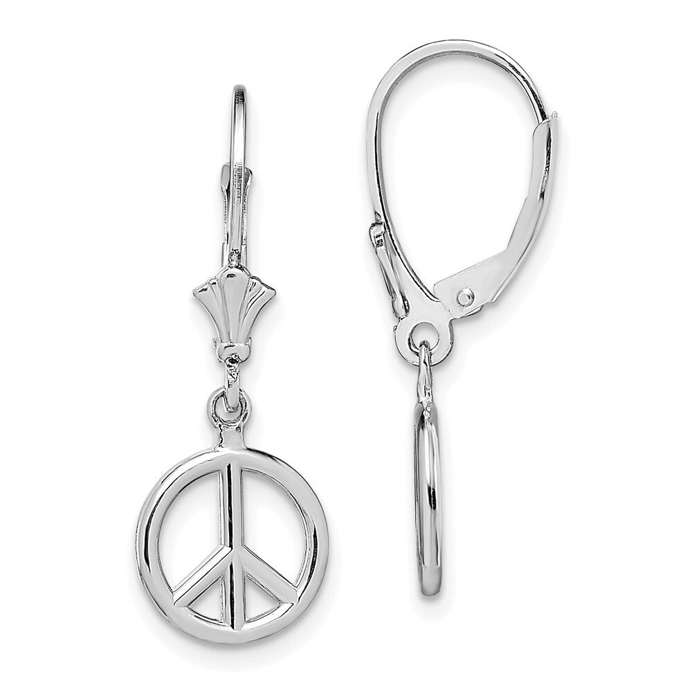 14K White Gold 3-D Peace Symbol Dangle Earrings Leverback Gift for Women