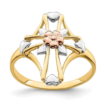 14K Two-tone Gold White Rhodium Polished Cross Flower Ring