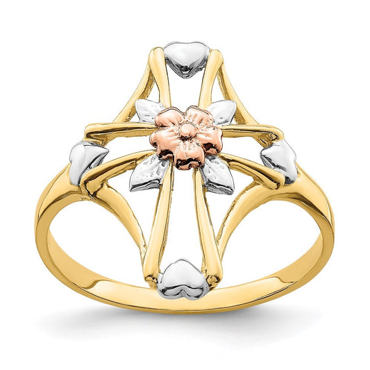 14K Two-tone Gold White Rhodium Polished Cross Flower Ring