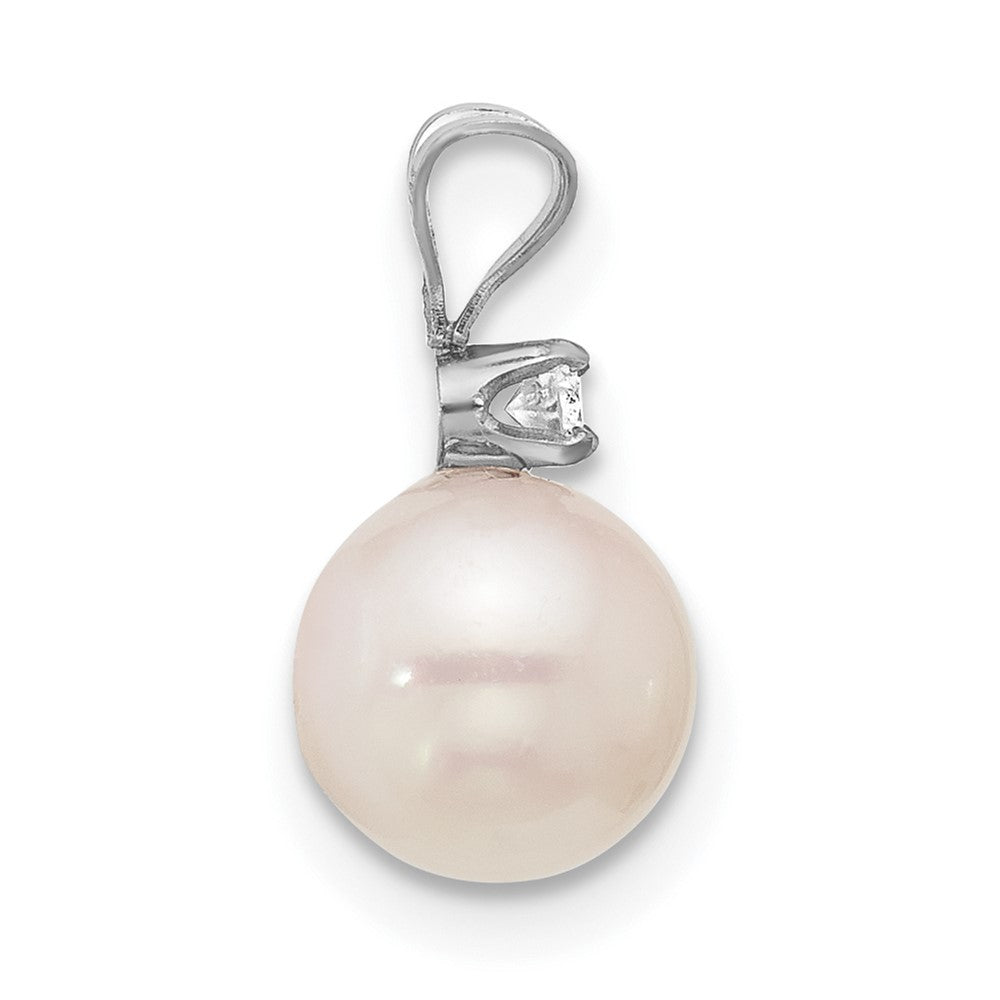 14k White Gold 7-8mm White Round Akoya Cultured Pearl &.05 Carat Diamond Pendant