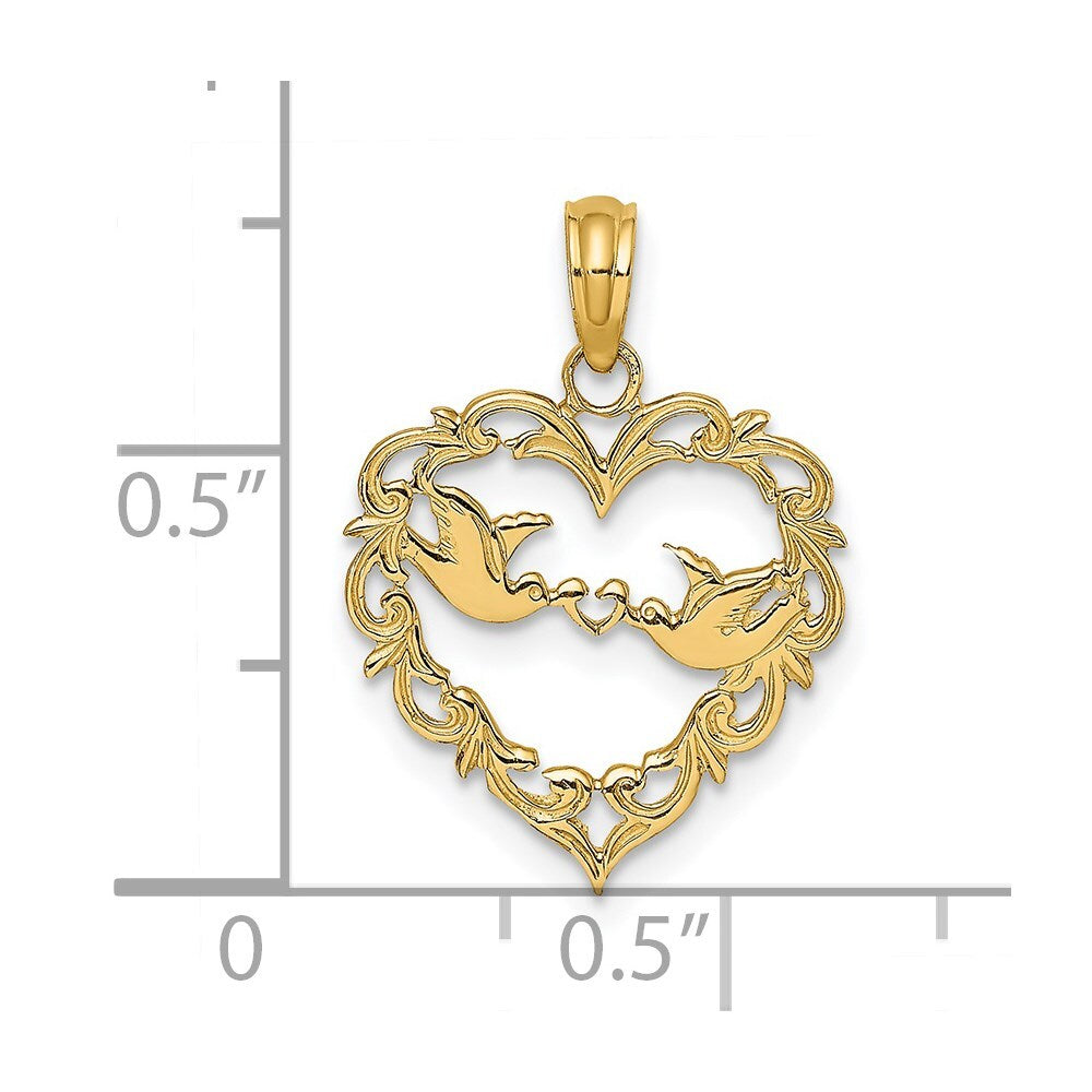 14k Yellow Gold Polished Love Birds in Heart Pendant for Women