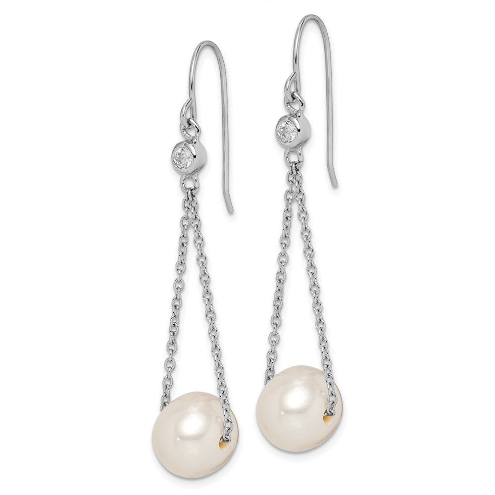 Sterling Silver White Semi-Round Cultured Pearl & Cubic Zirconia Dangle Earrings