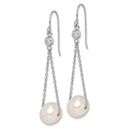 Sterling Silver White Semi-Round Cultured Pearl & Cubic Zirconia Dangle Earrings