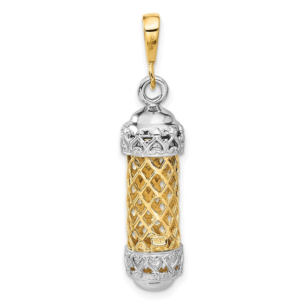 14K Two-Tone Gold 3D Mezuzah W Shin Charm