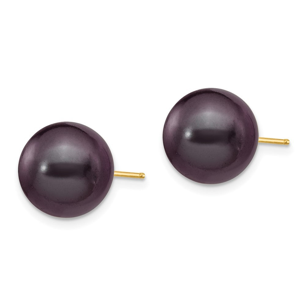 14k Yellow Gold 10-11mm Black Round Freshwater Cultured Pearl Stud Earrings