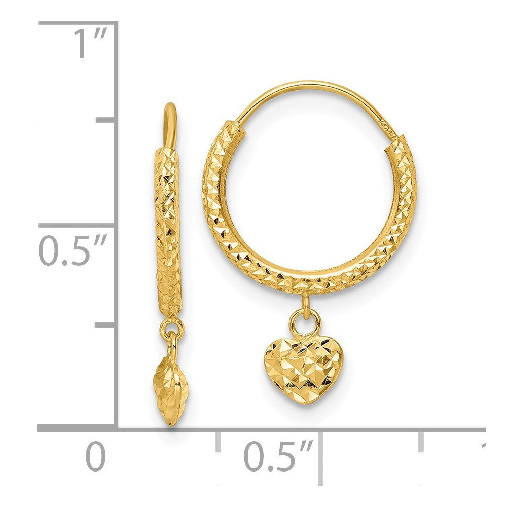 14k Yellow Gold Diamond-Cut Heart Hoop Earrings Gift for Women
