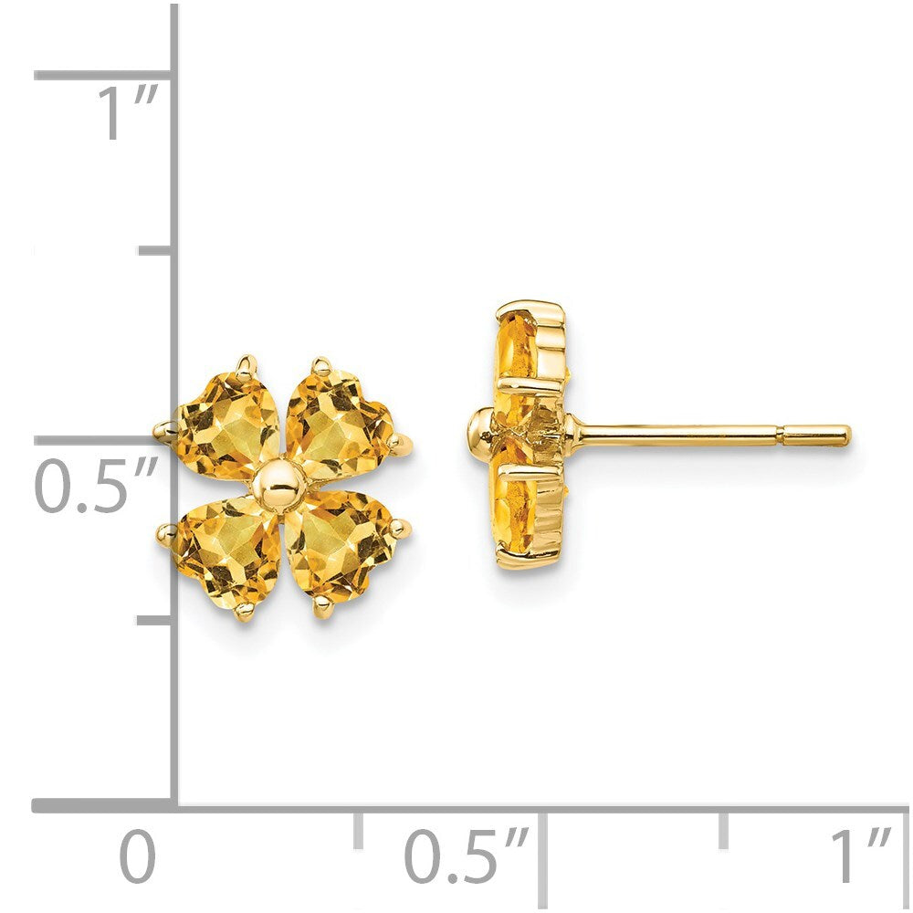 14k Yellow Gold Heart-shaped Citrine Flower Stud Earrings
