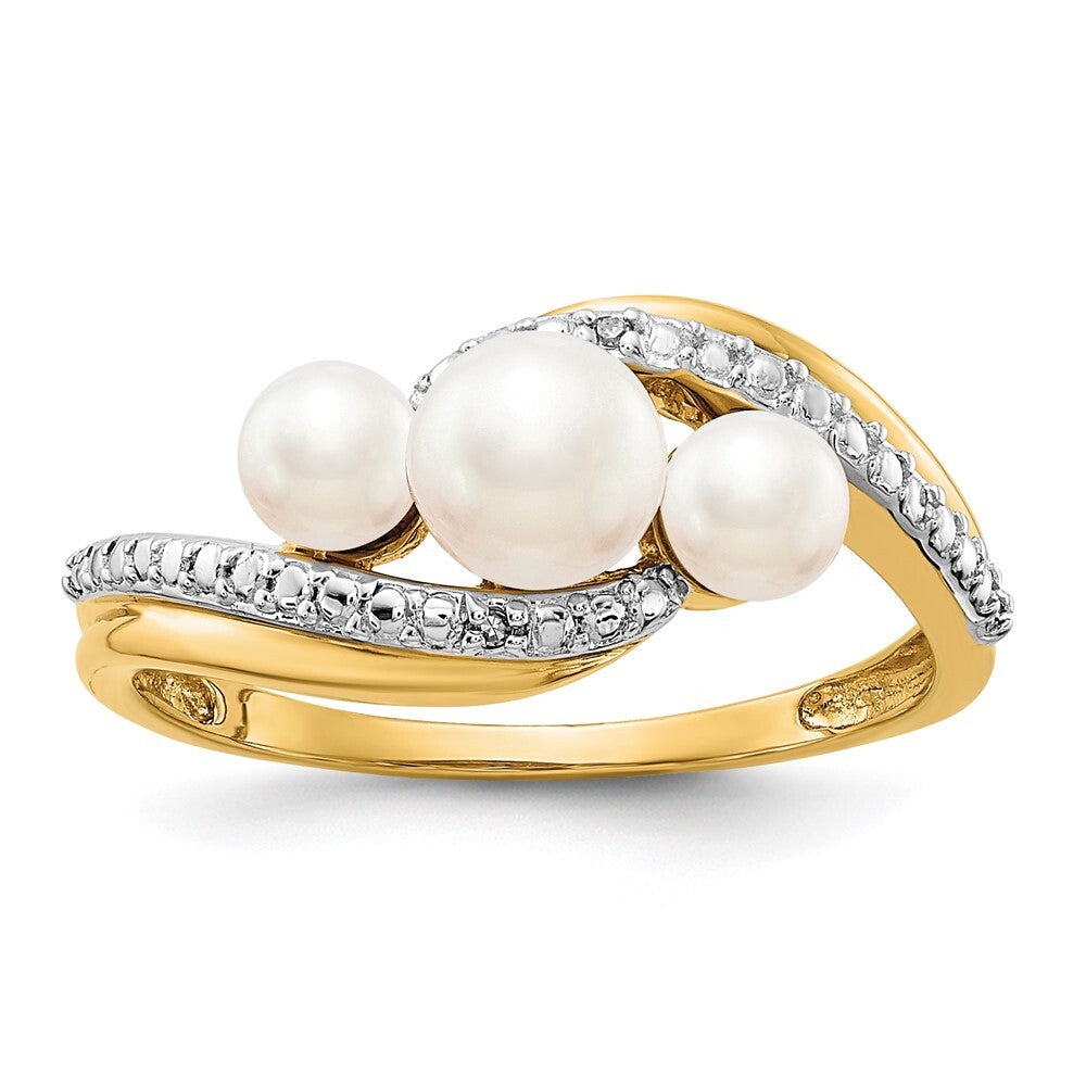 14K Yellow Gold Diamond and FW Cultured 3-Pearl Bypass Ring