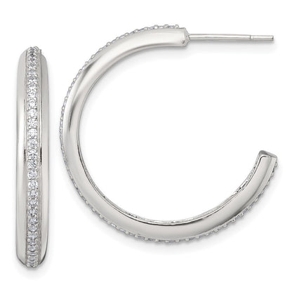 Sterling Silver Polished 26.5x3.5mm Cubic Zirconia Post C-Hoop Earrings