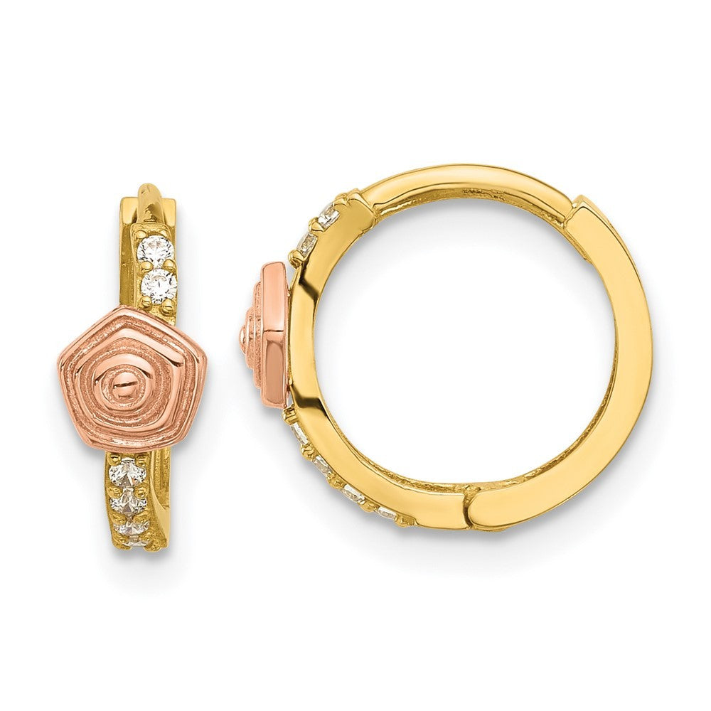 14k Polished Two-tone Gold CZ Hinged Huggie Hoop Earrings