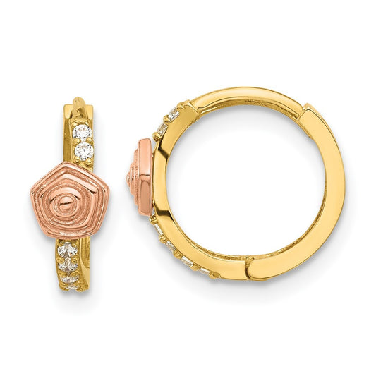 14k Polished Two-tone Gold CZ Hinged Huggie Hoop Earrings