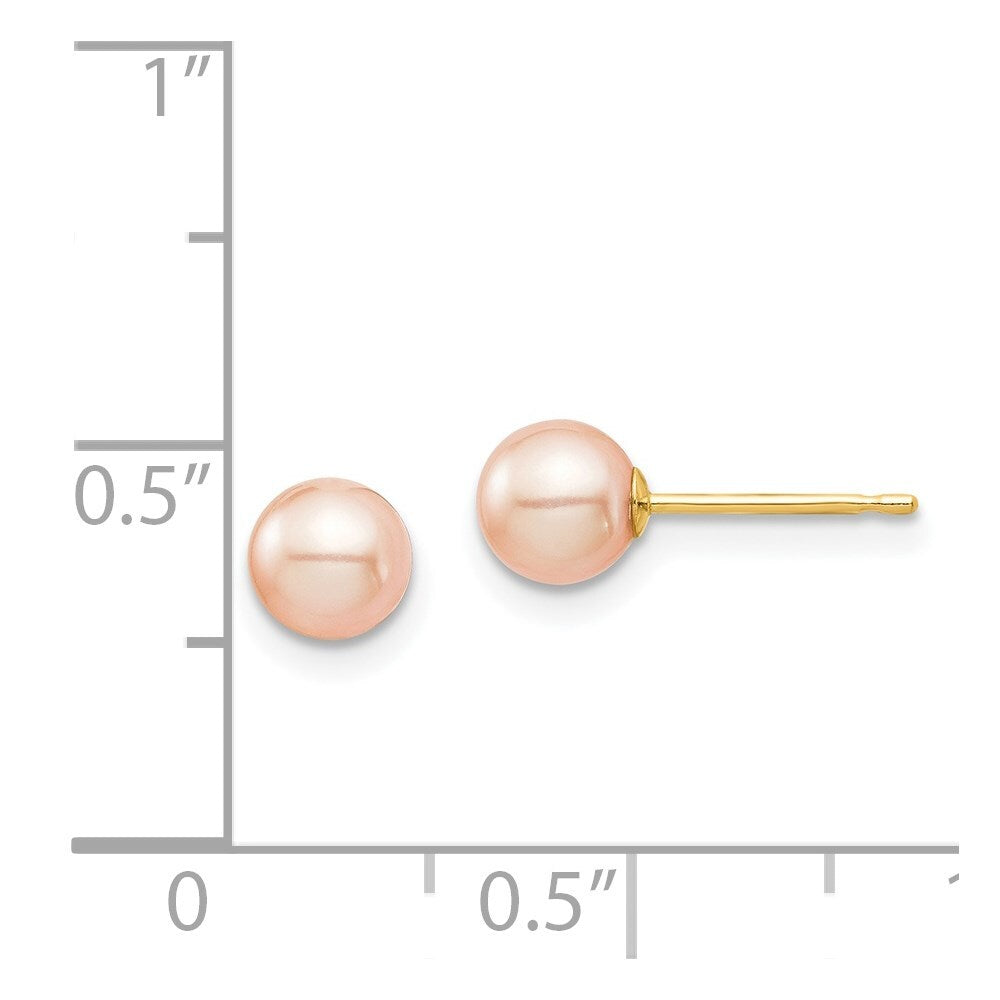 14k Yellow Gold 5-6mm Pink Round Freshwater Cultured Pearl Stud Earrings