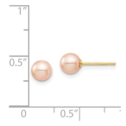 14k Yellow Gold 5-6mm Pink Round Freshwater Cultured Pearl Stud Earrings
