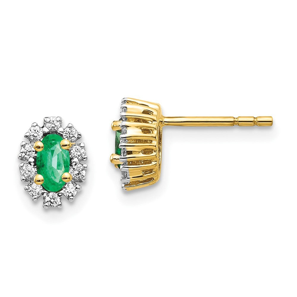 14k Yellow Gold 1/5Ct Diamond and Emerald Oval Halo Earrings