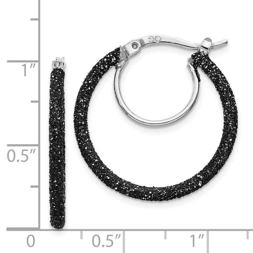 Sterling Silver Rhodium/Black Glitter Enamel 2x25mm Hoop Earrings