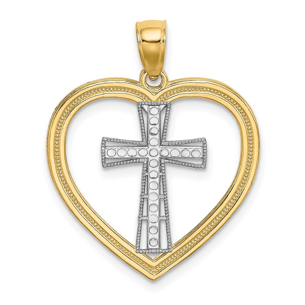 14k Yellow Gold & White Rhodium Heart White Cross In Center Charm Pendant