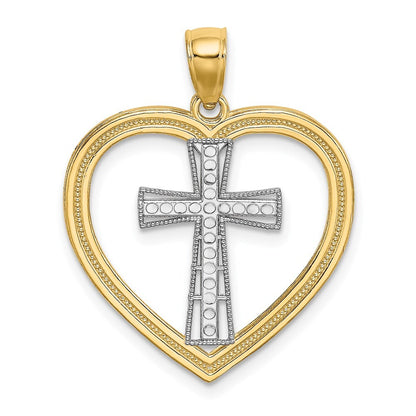 14k Yellow Gold & White Rhodium Heart White Cross In Center Charm Pendant