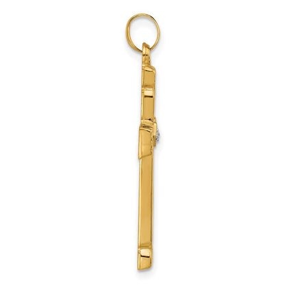 14k Yellow Gold Polished and Grooved Hollow Diamond Cross Pendant for Women