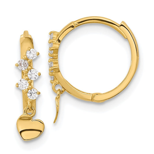 14k Yellow Gold Madi K CZ Heart Dangle Hinged Hoop Earrings