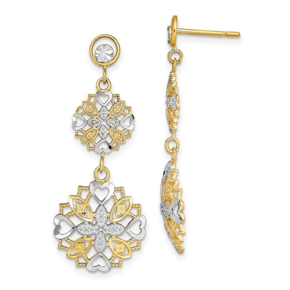 14k Yellow Gold w/ Rhodium Diamond-Cut Flower & Heart Dangle Earrings