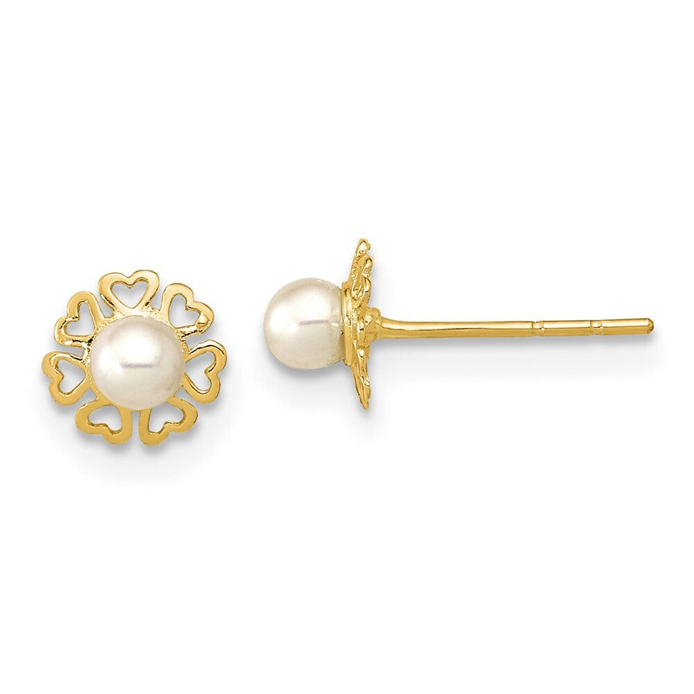 14k Yellow Gold Polished Small Heart Petals with FW Cultured Pear Stud Earrings