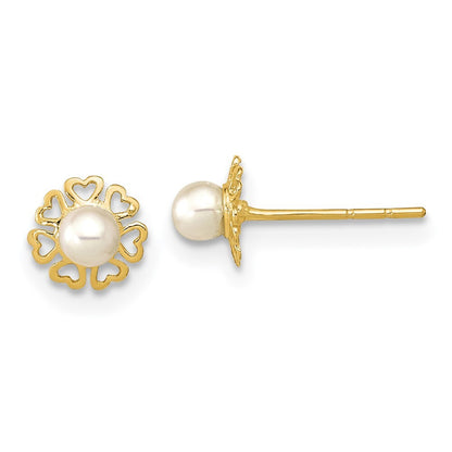 14k Yellow Gold Polished Small Heart Petals with FW Cultured Pear Stud Earrings
