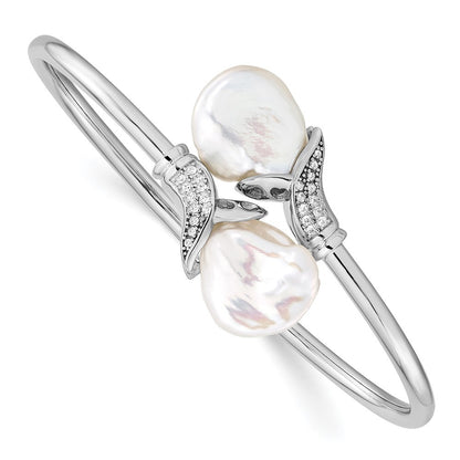 Sterling Silver 16-17mm White Keshi Cultured Pearl and CZ Flexible Bangle
