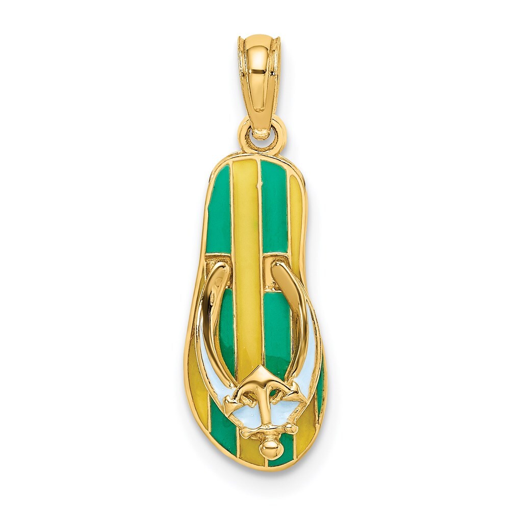 14k Yellow Gold 3D Enamel Anchor On Stripe Flip-Flop Charm Pendant for Women
