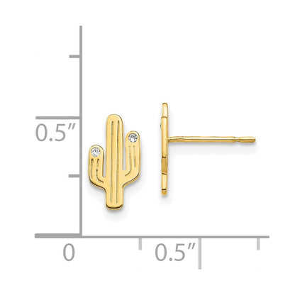 14k Yellow Gold Cactus Cubic Zirconia Stud Earrings Gift for Women