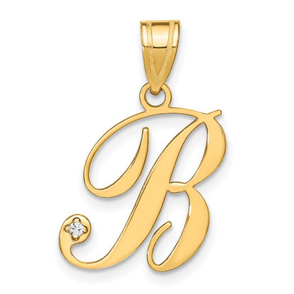 14k Yellow Gold Script Letter B Initial Pendant with Diamond for Women
