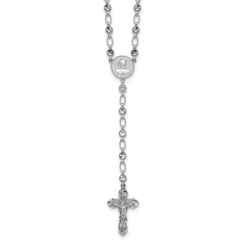 Sterling Silver Rhodium-plated Polished Cubic Zirconia 25.5in Rosary Necklace