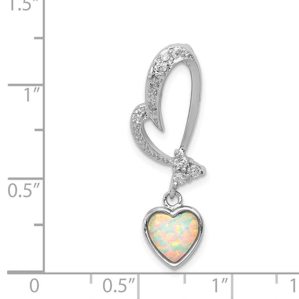 Sterling Silver Rhodium Plated Opal and Cubic Zirconia Heart Pendant