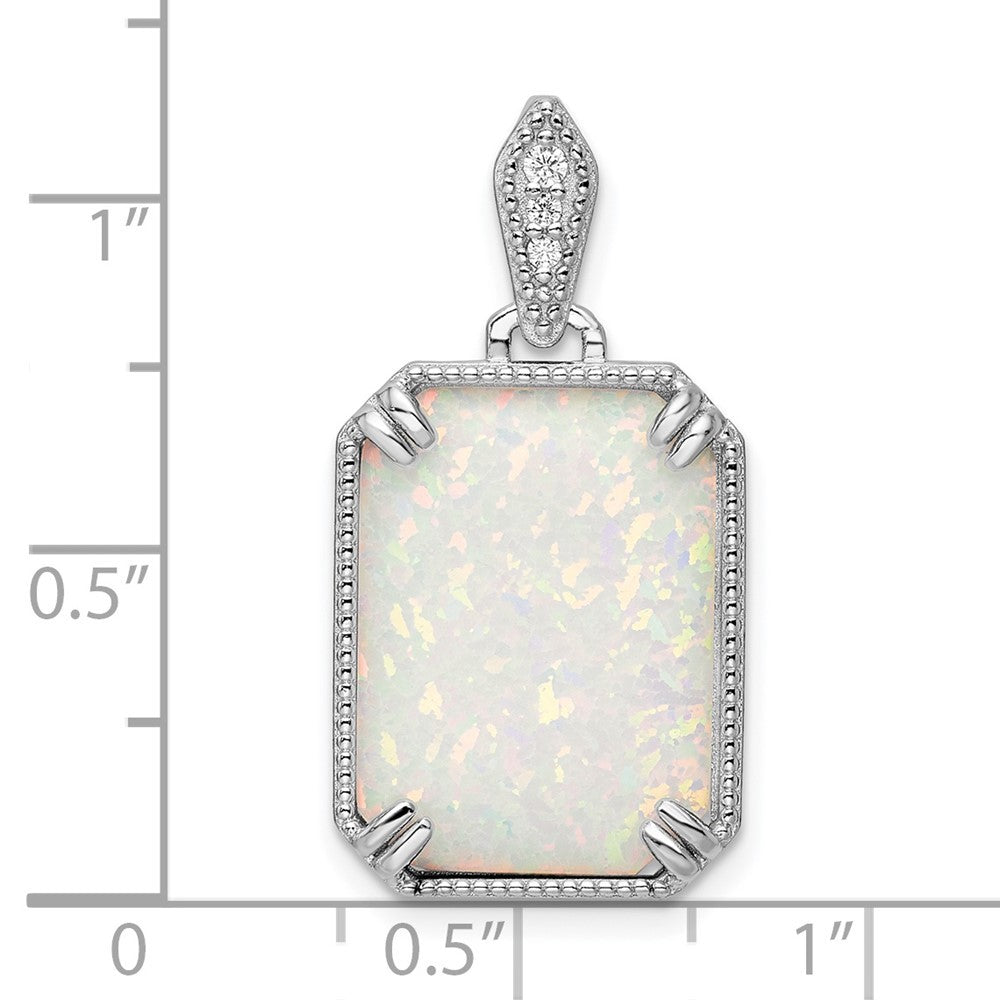 Sterling Silver White Created Opal & Cubic Zirconia Beaded Border Pendant