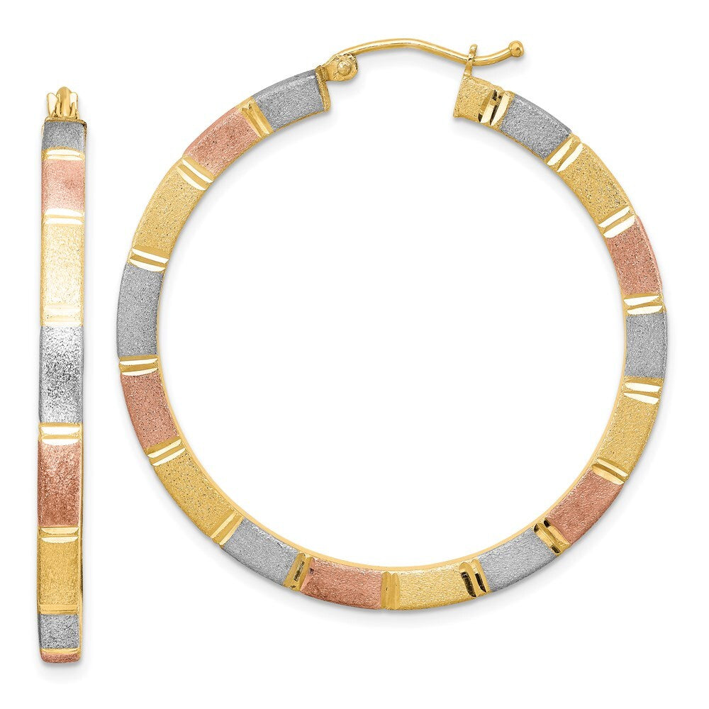 Sterling Silver Rhod-plated Rose/Yellow Vermeil Diamond-cut 3x40mm Hoop Earrings