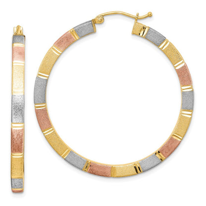 Sterling Silver Rhod-plated Rose/Yellow Vermeil Diamond-cut 3x40mm Hoop Earrings