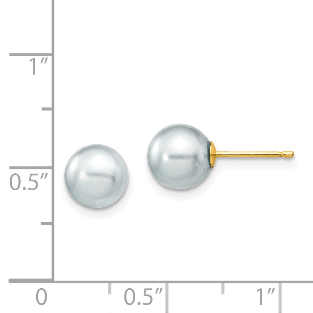 14k Yellow Gold 7-8mm Grey Round Akoya Saltwater Cultured Pearl Stud Earrings