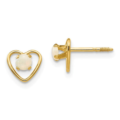 14k Yellow Gold 3mm Imitation Opal Birthstone Heart Stud Earrings