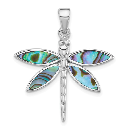 Sterling Silver Rhodium-plated Polished Abalone Dragonfly Pendant