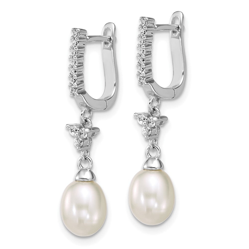 Sterling Silver Teardrop Cultured Pearl & Cubic Zirconia Dangle Hoop Earrings