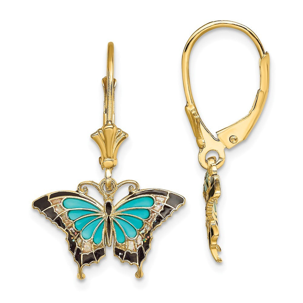 14k Yellow Gold w/Aqua Enameled Wings Butterfly Drop Dangle Earrings