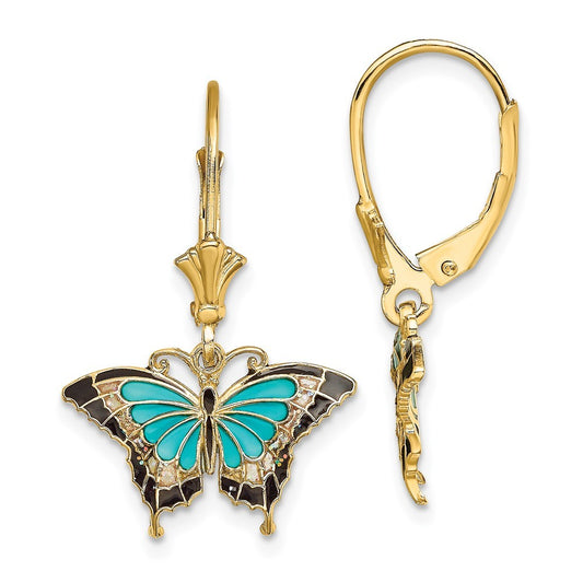 14k Yellow Gold w/Aqua Enameled Wings Butterfly Drop Dangle Earrings