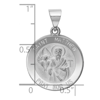 14k White Gold Polished and Satin St Matthew Hollow Pendant for Women