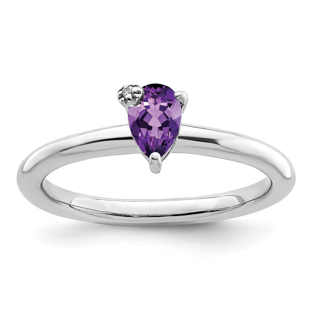 Sterling Silver Rhodium-plated Polished Pear Amethyst & White Topaz Ring Size 6
