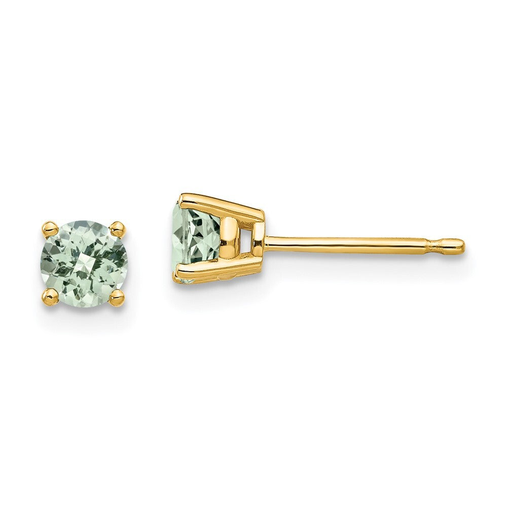 14k Yellow Gold 4mm Round Checker-Cut Green Quartz Stud Earrings Gift for Women
