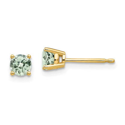 14k Yellow Gold 4mm Round Checker-Cut Green Quartz Stud Earrings Gift for Women