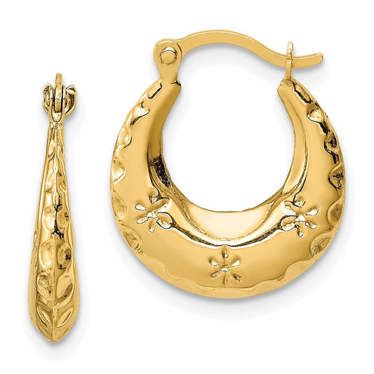 14k Yellow Gold Textured Stamped Hoop Earrings Gift for Women