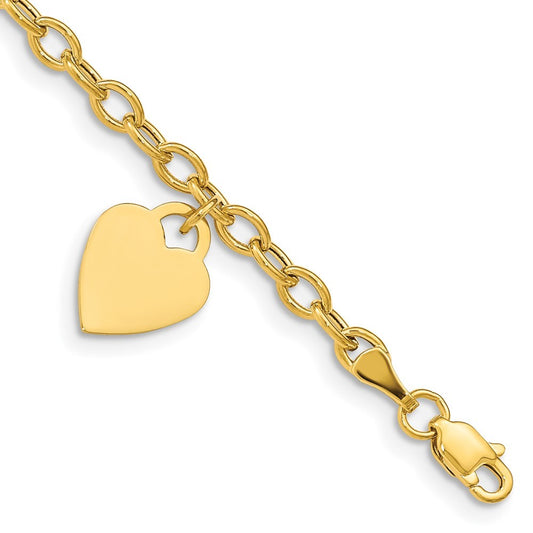 14k Yellow Gold 14x10mm Solid Dangle Heart Charm and Hollow Chain Bracelet 8.5"