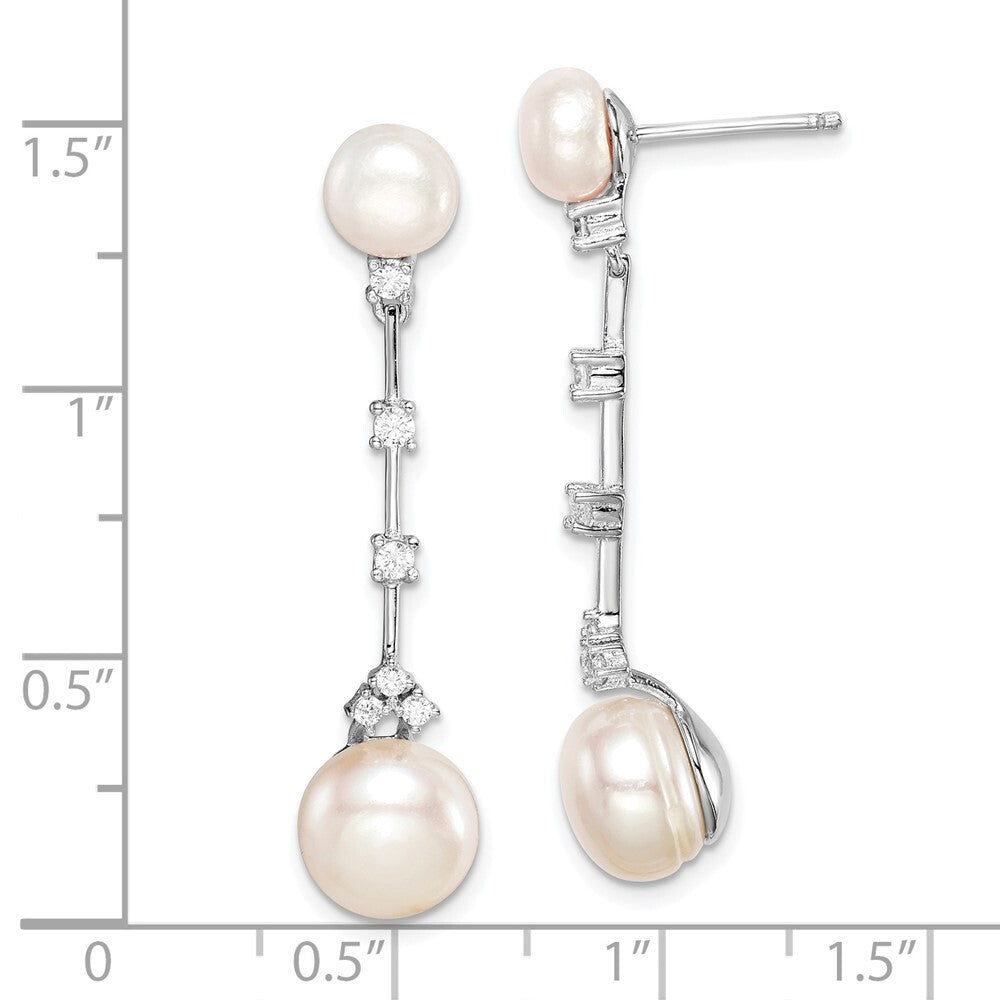 Sterling Silver Cubic Zirconia FWC Button Pearl Dangle Post Earrings