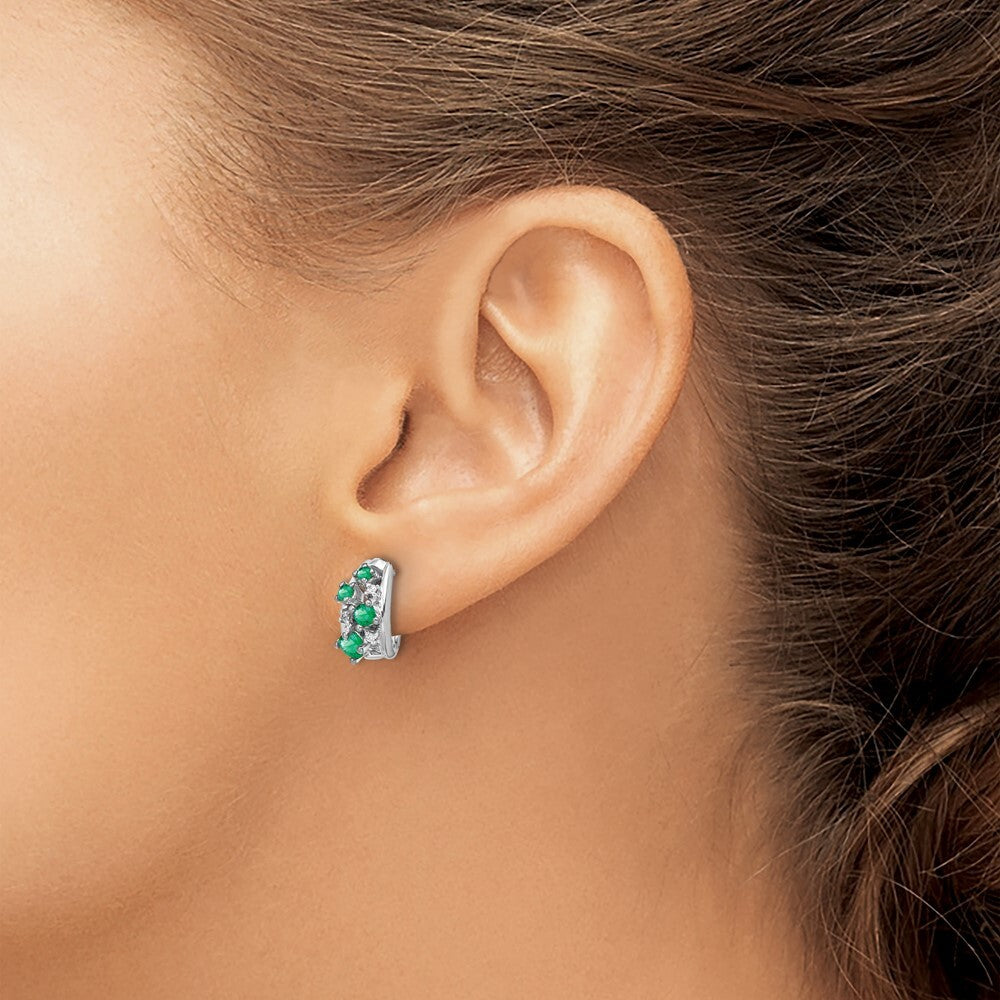 14k White Gold Diamond and Emerald Polished Hoop Earrings